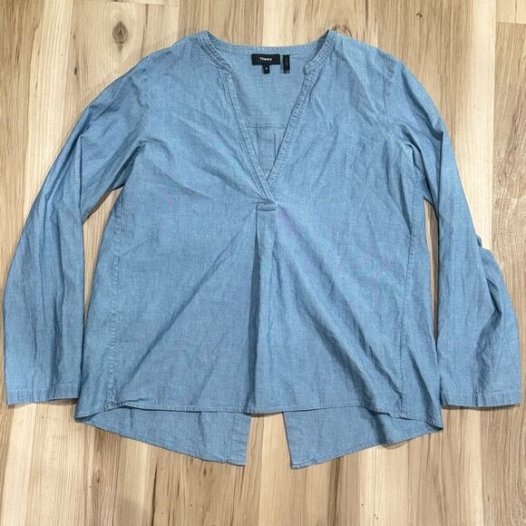 Theory Ofeliah Light Blue Cotton Chambray Split Back Blouse Top Women’s Medium - Picture 2 of 5
